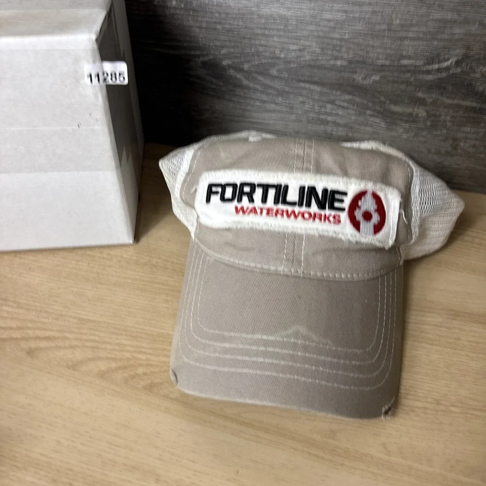 Fortiline Waterworks Hat Cap Strap Back Tan White Mesh Trucker Patch Mens Logo